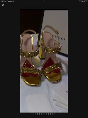 New Gucci Bertie Crystal Gold Leather Sandals Pumps Shoes Heels Size 6