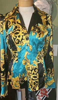 CACHE SILK GOLD BAROQUE  PRINT , BUTTON UP COLLARED SHIRT BLOUSE  SMALL