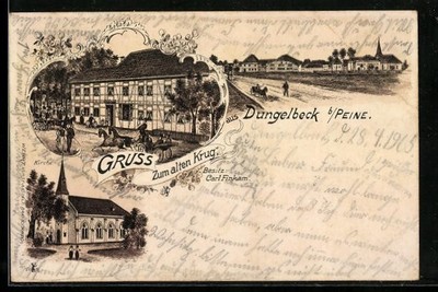 Lithographie Dungelbeck b. Peine, Gasthaus zum alten Krug von Carl Finkam 1908 