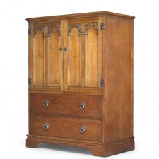 Vintage Old Charm Style Oak Linen Press Tallboy Cupboard - Gothic Arched Carved