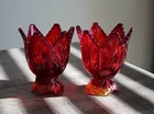VTG Fenton Amberina Red Tulip Shaped 2 Way Candle Holder Votive Taper Glows Pair