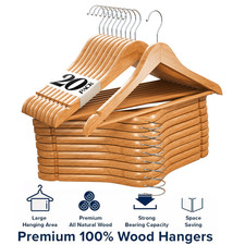 Natural Wood Solid Wood Clothes Hangers Coat Hanger Wooden Hangers Set of 20