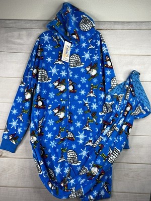 Winter Wonderland Footed Pajamas Adult Sz L Penguins Bears Igloo Dark Blue NWT