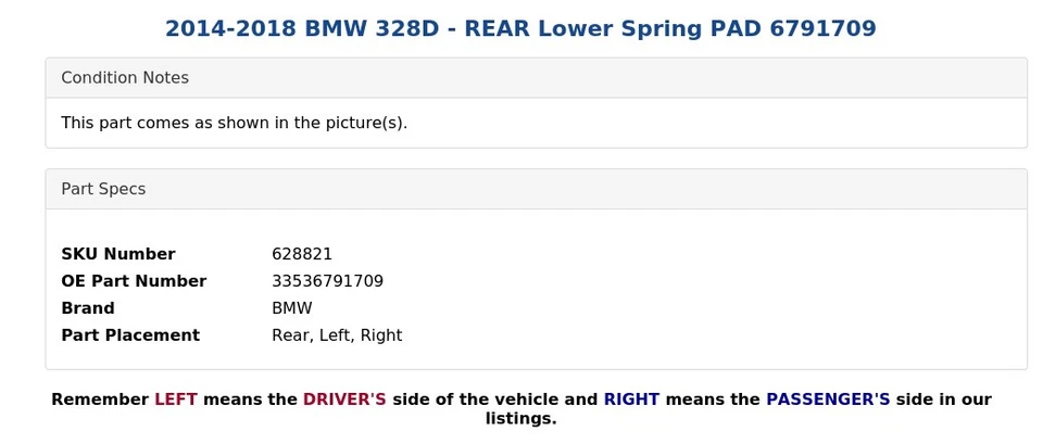 BMW 328D 2014-2018 - Almohadilla de resorte inferior trasera 6791709 Foto 4 de 4