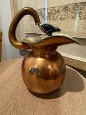 Vintage Los Castillo Style Hand Wrought Copper Pitcher w/ Frogs Inlay  Taxco Mex