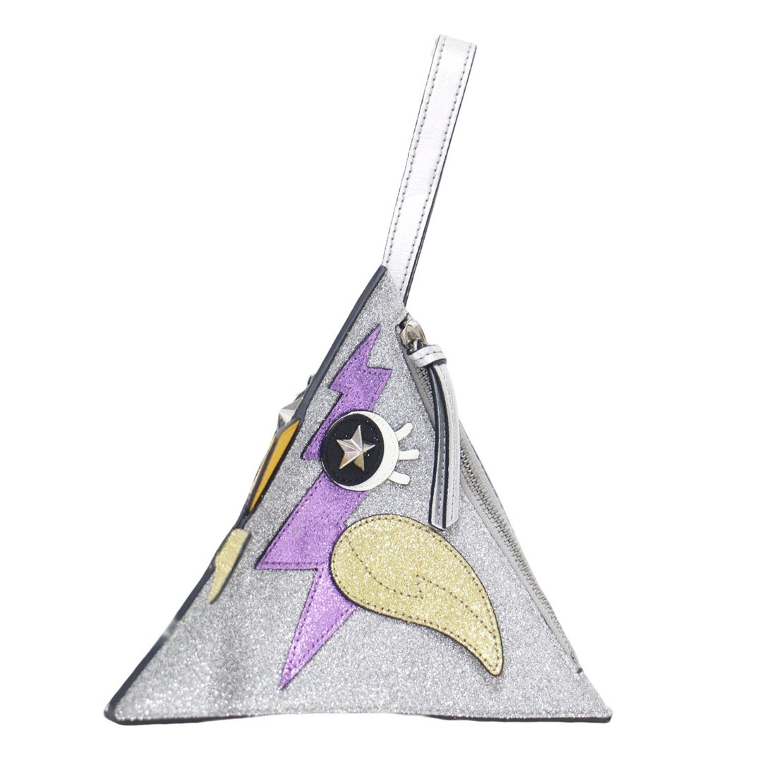 GUCCI Silver Triangle Chicken Motif Handbag Clutch Glitter Used