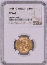 :1958 GREAT BRITAIN ELIZABETH II GOLD SOVEREIGN NEAR GEM BU NGC MS64 RARITY R3