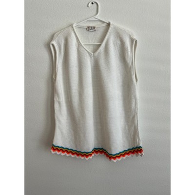 MKM Designs White Knit Sweater Vest Rainbow Scalloped Hem V-Neck 3X Made in USA