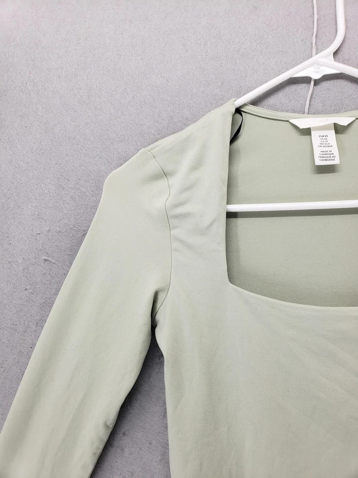 Camisa H&M Para Mujer XS Verde Manga Larga Cuello Cuadrado Elastizada Ajustada Top Informal Foto 2 de 4