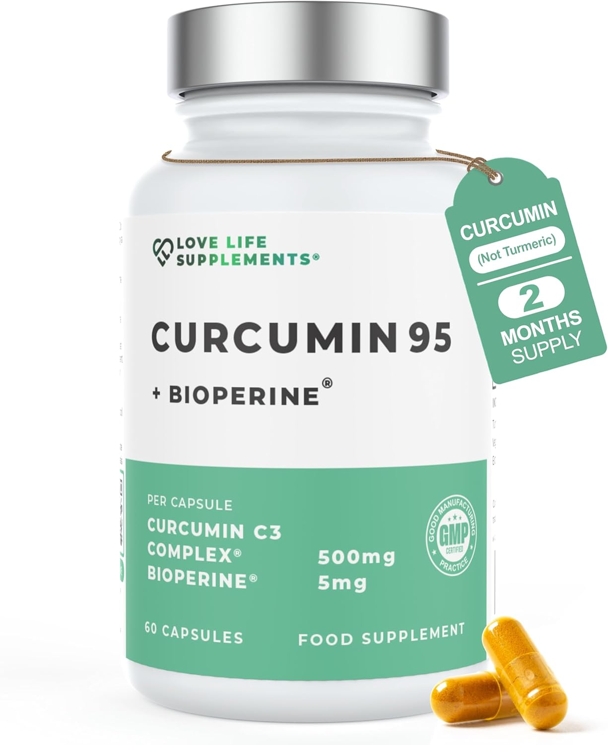 Curcumin 95 + Bioperine® by LLS | High Strength Turmeric Curcumin Capsules Conta