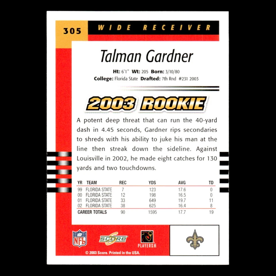 Talman Gardner Rookie #305 2003 Score New Orleans Saints Football Card NFL NM - Image 2 of 3