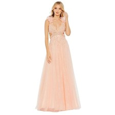 Mac Duggal NWT Plunging Neck A-Line Lace Up Dress in Peach Size 6
