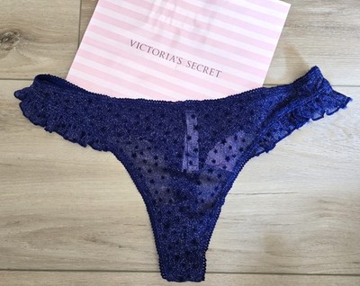 Victoria's Secret Blue Sheer Ruffled Shimmer Mesh Flocked Stars Thong Panties L