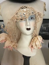 Antique Tatted Lace Baby Doll Bonnet Hat Cap Ecru W/Pink Ribbon Rosettes AS IS