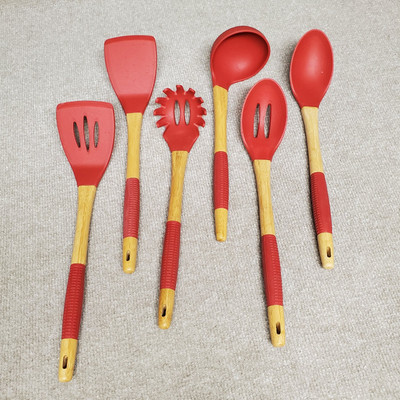 Kitchen Utensils Silicone Set/6 Slotted Solid Red Wood Handles Silicone Grips 