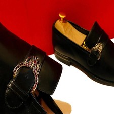 $889.00! VERSACE RARE MEN RUNWAY BLACK LEATHER RAINSTONE LOAFERS SHOES UK SIZE 7