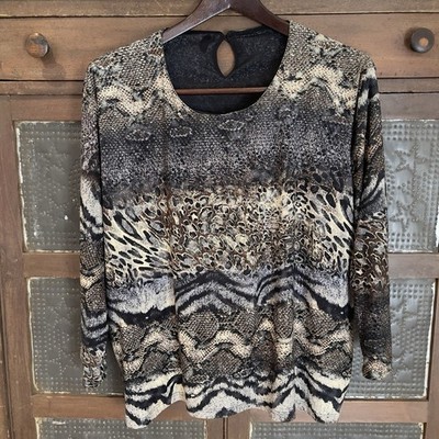 ANKA Group Snakeskin Print Jersey Knit Top XXL Glitter Scoop Neck Black/tan