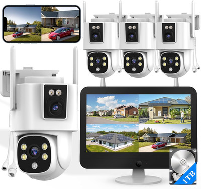 Wireless Outdoor Security Camera System,  Dual Lens Dual Screen Auto Tracking 4 
