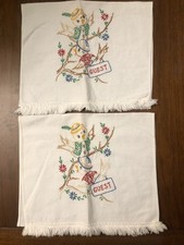 Vintage Set Of 2 Embroidered Guest Towels, Birds With Guest Sign, 11x18