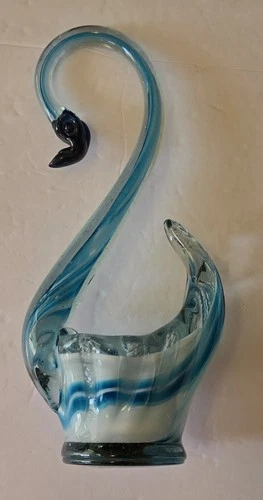 Hand Blown Glass Swan 11” Bowl Vintage Murano Style Blue White Swirl Black