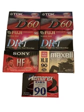 NIP Lot of 7 Maxell Fuji TDK Sony Memorex Audio Cassette Tapes 60 & 90 Minutes