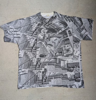 Vintage M.C. Escher Shirt Mens XL Andazia Relativity Staircase 90s Art Tee