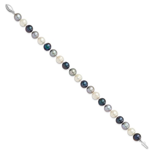 Sterling Silver 8-9mm Black, Green and White Cultured Pearl Bracelet 7.5" 0.18gm - Picture 2 of 2