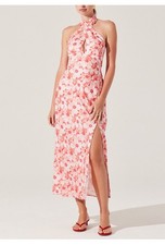 ASTR The Label Coral Pink Floral Halter Midi Dress Slit Summer Size large NWT