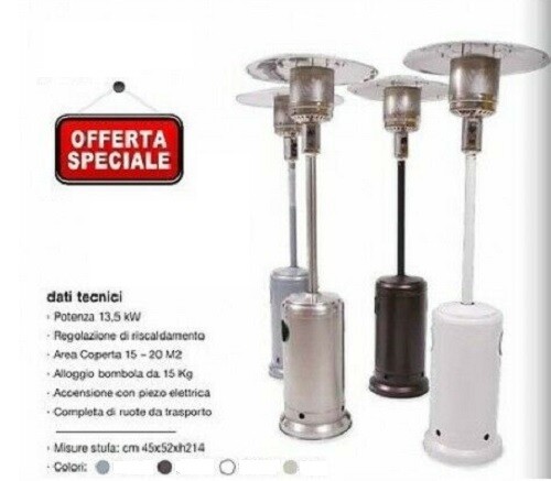 STUFA A FUNGO A GAS GPL 13,5 KW SUNNY 30 MQ RADIANTE TERMOPATIO BIANCO CON RUOTE