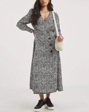 JD Williams Asymmetric Wrap Tea Dress Womens UK10 Black White Mono Print Button