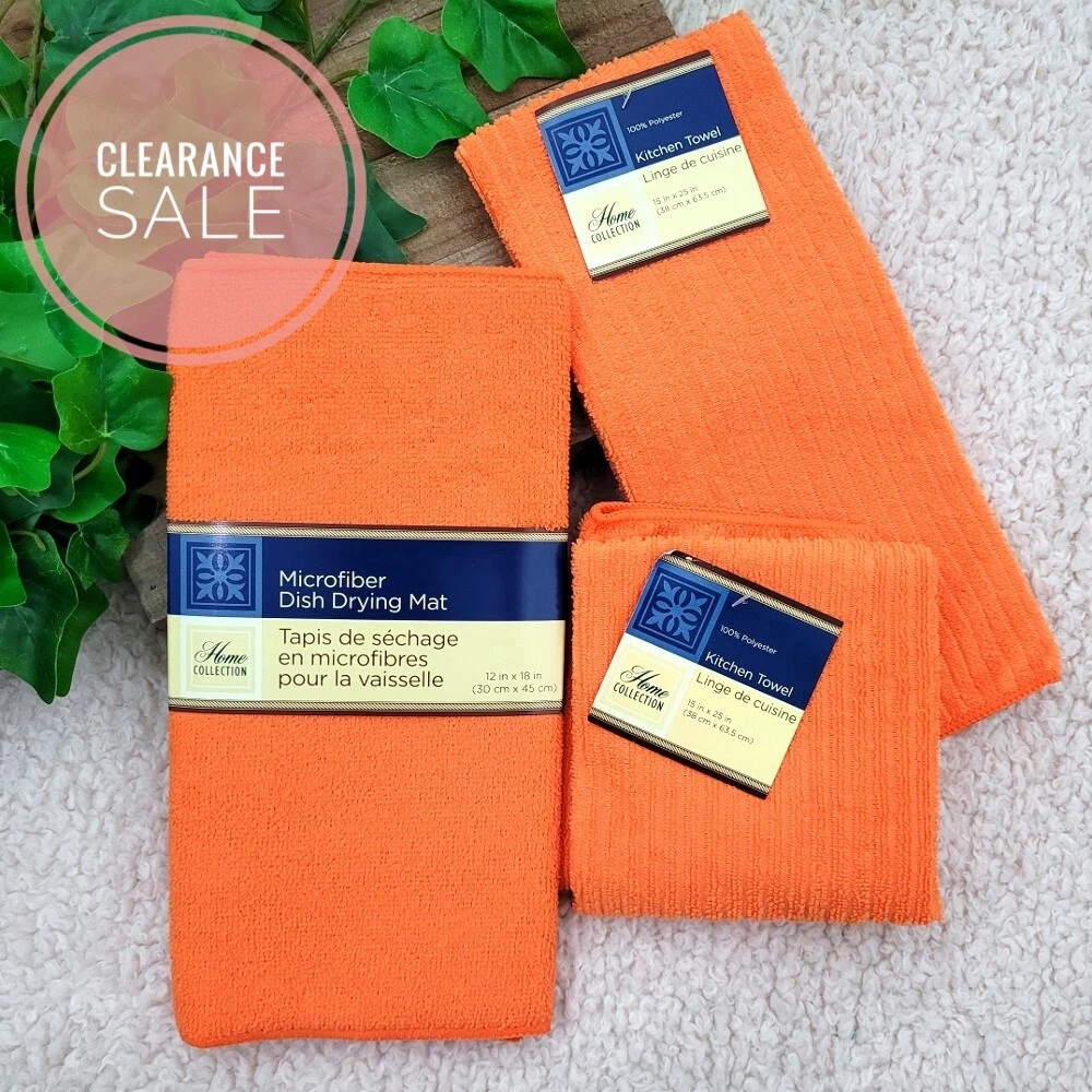 Home Collection Microfiber Dish Drying Mat & Kitchen Towels Set 3pc Orange  NWT