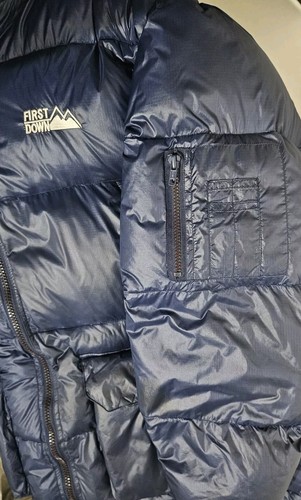 Vintage First Down Navy Blue Puffer Jacket Men's XL Shearling Removable Hood - Picture 17 of 23