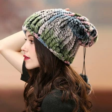 Handmade Knit Rex Rabbit Fur Bib/hat Ladies Snow Cap Christmas Hat Scarf