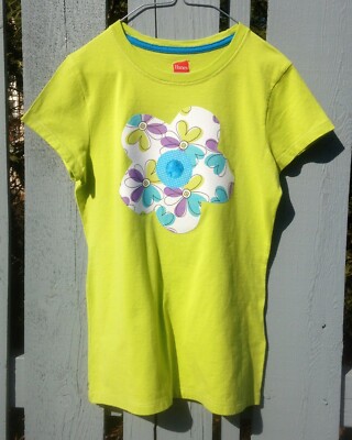 Girls ss lime green tee, Hanes, size L10/12, added multi layered flower applique