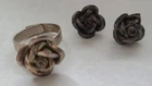 vtg 925 STERLING EARRINGS AND MATCHING ADJUSTABLE RING / rose / free ship US
