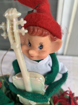 Christmas Bendable Felt Elf Pixie Red Green Centerpiece Musician Horn Drum Vtg