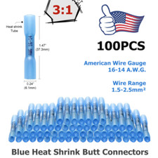 100X Heat Shrink Butt Wire Splice Seal Connectors Crimp Terminals Blue 16-14 AWG