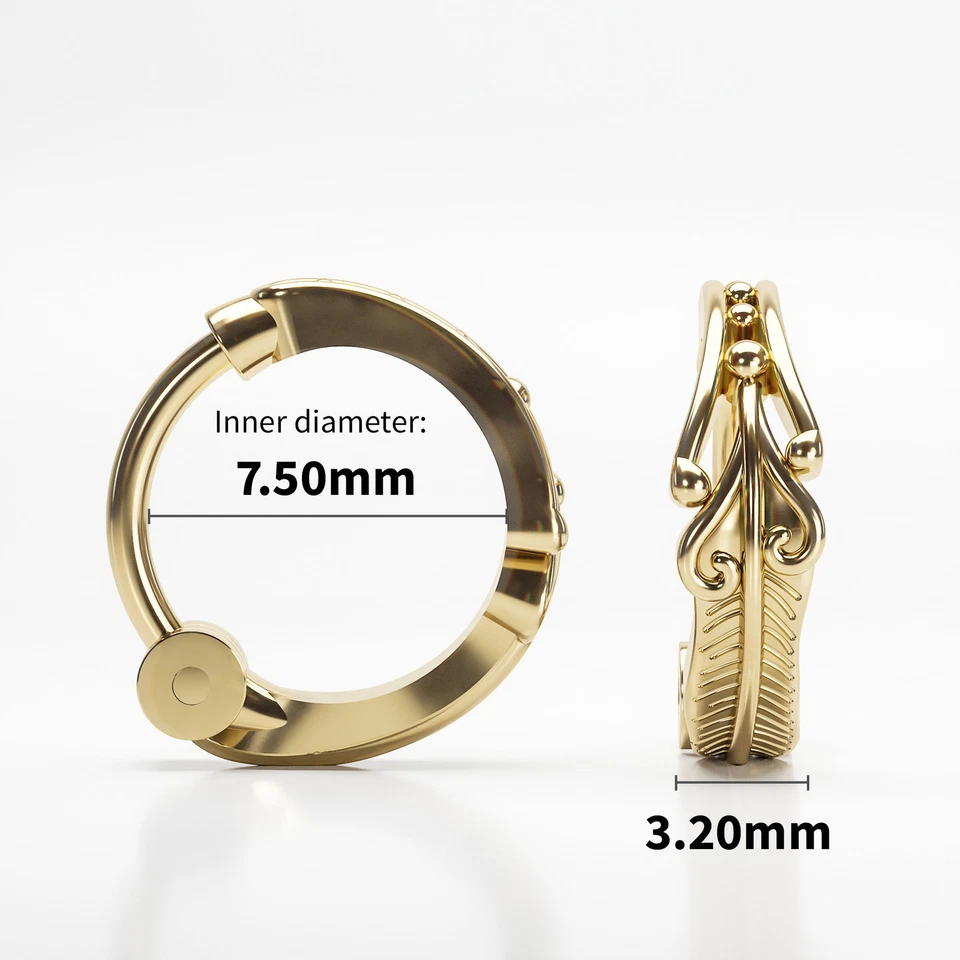 Pendiente Tragus Pluma Oro Amarillo Sólido 14K con Cierre Clicker, Joyería Corporal Foto 4 de 4