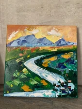 Abstract colorful lanscape wall art Canvas green orange impasto Moldova