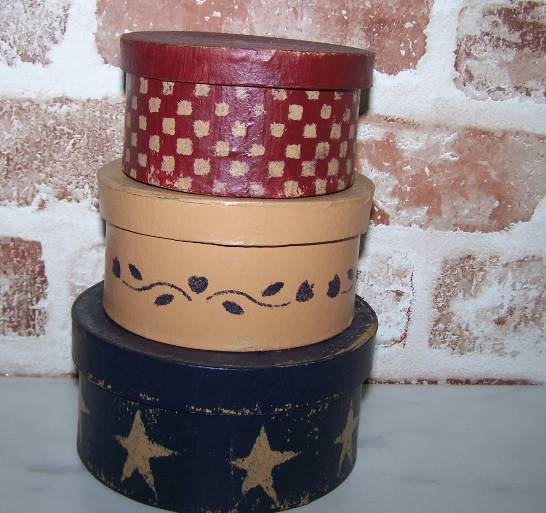 Primitive Country Stack Of 3 Round Boxes, Reproduction, Cardboard, Red ...