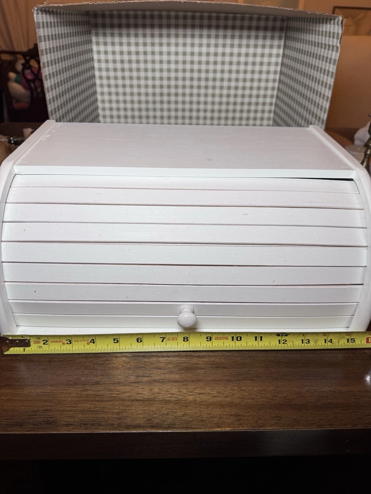 Wooden Slat Farmstyle Breadbox,White,Front Curved Lid,Knob,15.5"x11x7.3"