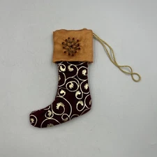 Mini Victorian Tapestry Stocking Ornament Red Beaded Snowflake Embellished