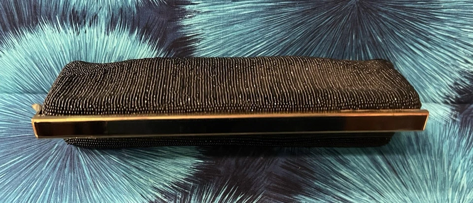 VTG Walborg Black Beaded Clutch Handbag w/Unique Top Bar Closure 10-1/4" x 7" - Image 3 of 4