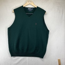 Vintage Ralph Lauren Polo Sweater Men Large Green Vest Lambs Wool Pullover Pony