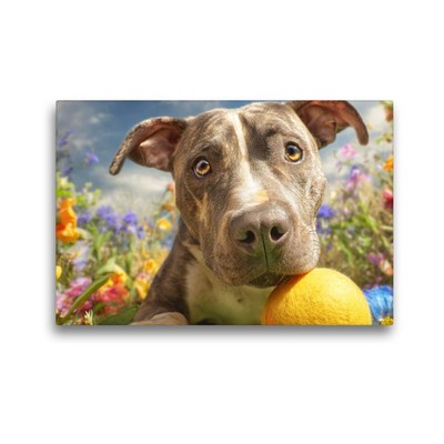 Premium Textil-Leinwand 45x30cm quer Pit Bull mit Ball | Wandbild, HD-Bild auf K