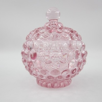 Unique Pink Rose Round Bubble Glass Trinket Jar / Dish / Bowl With Lid