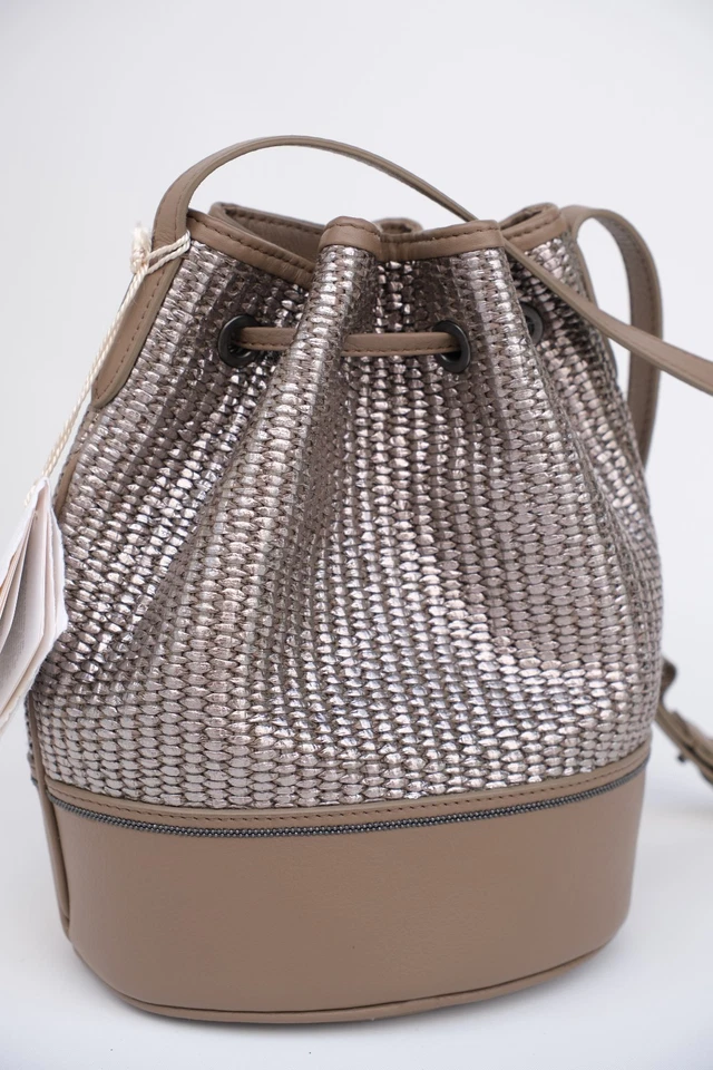 NUEVO Bolso Cubo Brunello Cucinelli Platino Marrón Rafia y Cuero $2,600 Foto 4 de 4