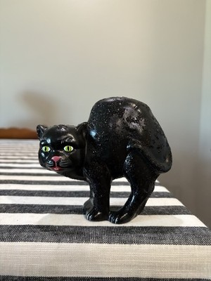 Paper Mache Halloween Composition Black Cat With Glitter Ino Schaller Germany