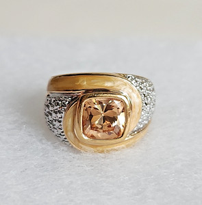 Authentic Vintage 18K HGE Gold Plated Statement Ring | Peach Enamel & CZ | Size 6 | 7.9g
