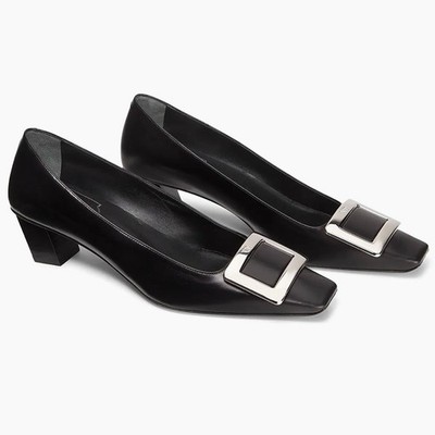 ROGER VIVIER Decollete Belle 45mm Pumps Square Toe Heels Sz 41.5 Black Leather